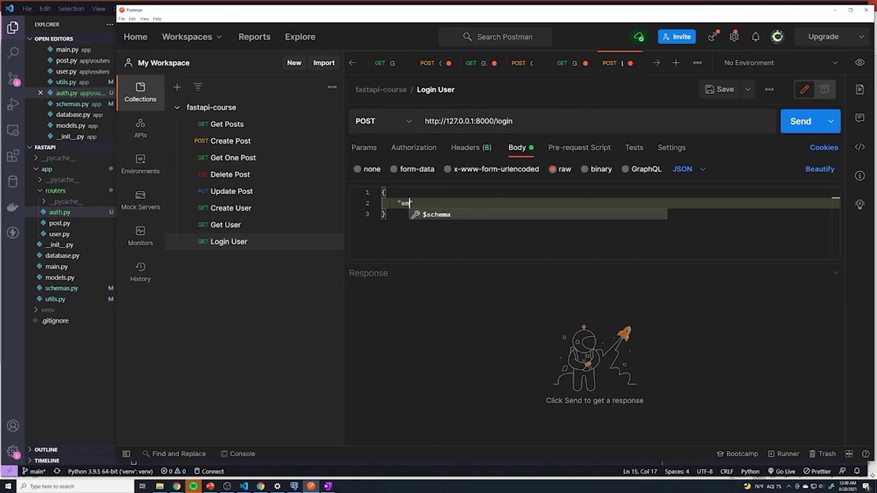 The image shows a split-screen view of Visual Studio Code and Postman. Visual Studio Code displays a project directory with Python files, while Postman is set up to send a POST request to a local server.