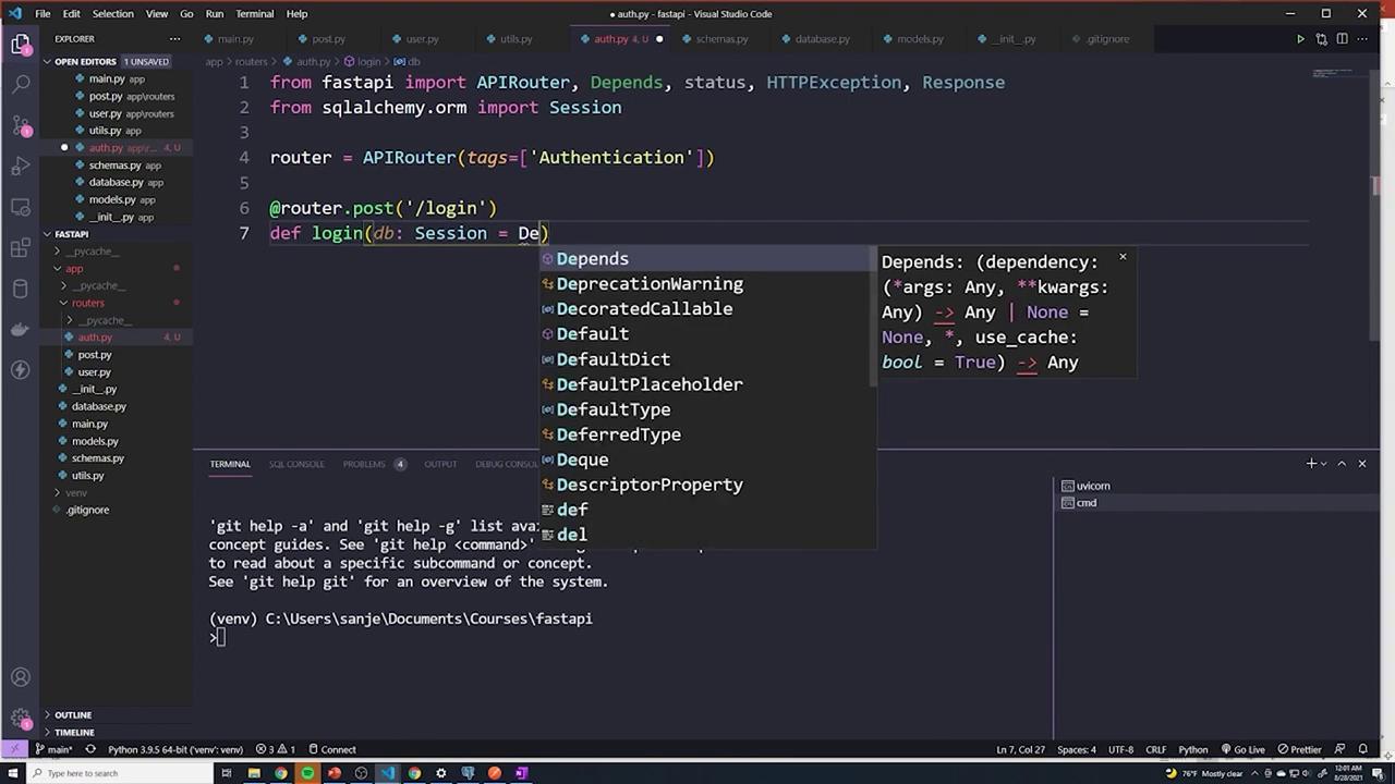 The image shows a Visual Studio Code interface with Python code for a FastAPI application, including imports and a function definition for a login route. The terminal at the bottom displays a command prompt.