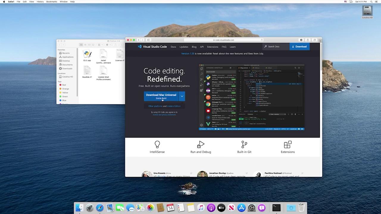 The image shows a Mac desktop with a browser window open to the Visual Studio Code website, alongside a Finder window displaying files.