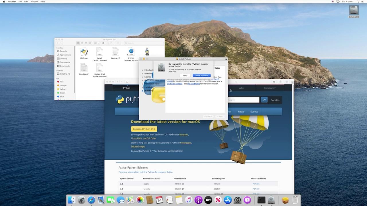 The image shows a macOS desktop with multiple windows open, including a Python installation window, a Finder window displaying Python files, and a web page for downloading Python.