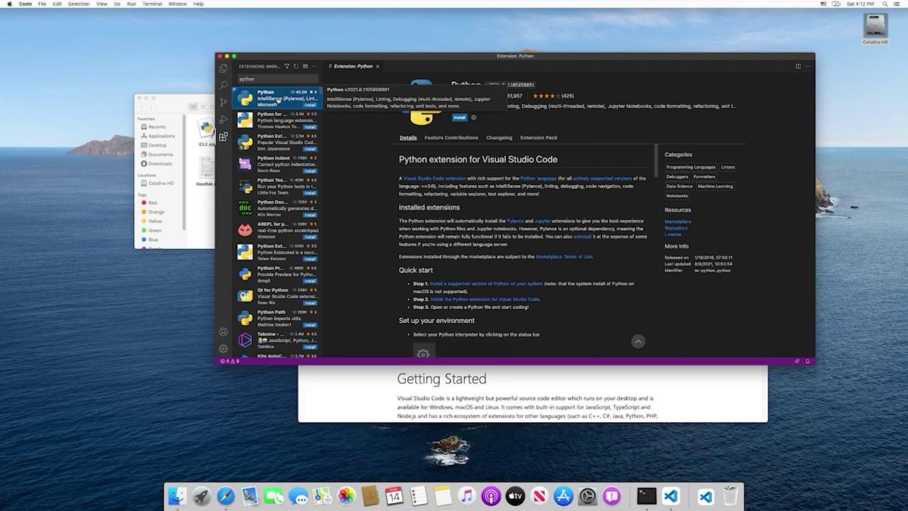 The image shows a macOS desktop with Visual Studio Code open, displaying the Python extension page. A Finder window is also visible in the background.