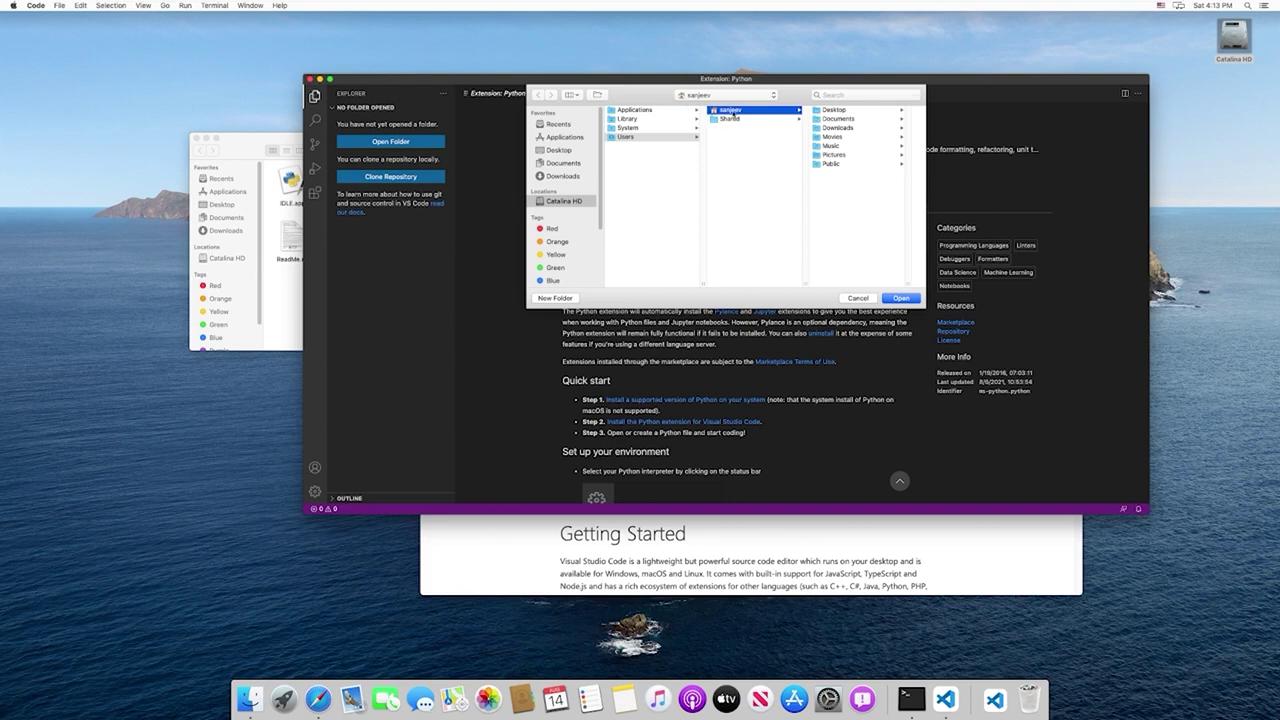 The image shows a macOS desktop with Visual Studio Code open, displaying a file explorer window and a "Getting Started" guide. The dock at the bottom contains various application icons.