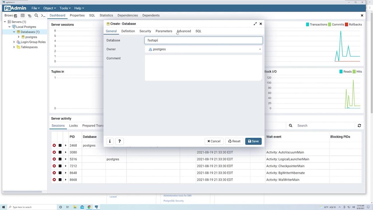 The image shows a pgAdmin interface with a "Create Database" dialog open, where a database named "fastapi" is being created. The background displays server sessions, activity, and statistics.