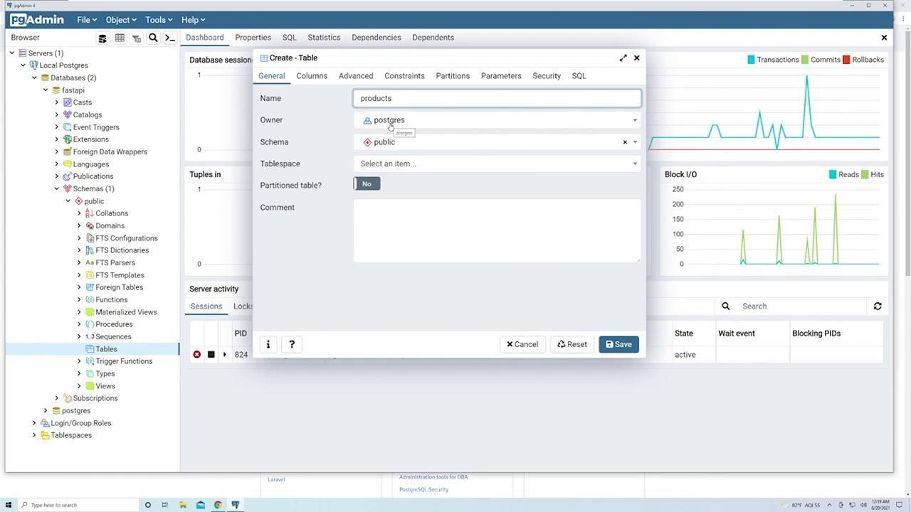 The image shows a pgAdmin interface with a "Create - Table" dialog open, displaying options for setting the table's owner, schema, and other properties, with server activity graphs visible on the right.