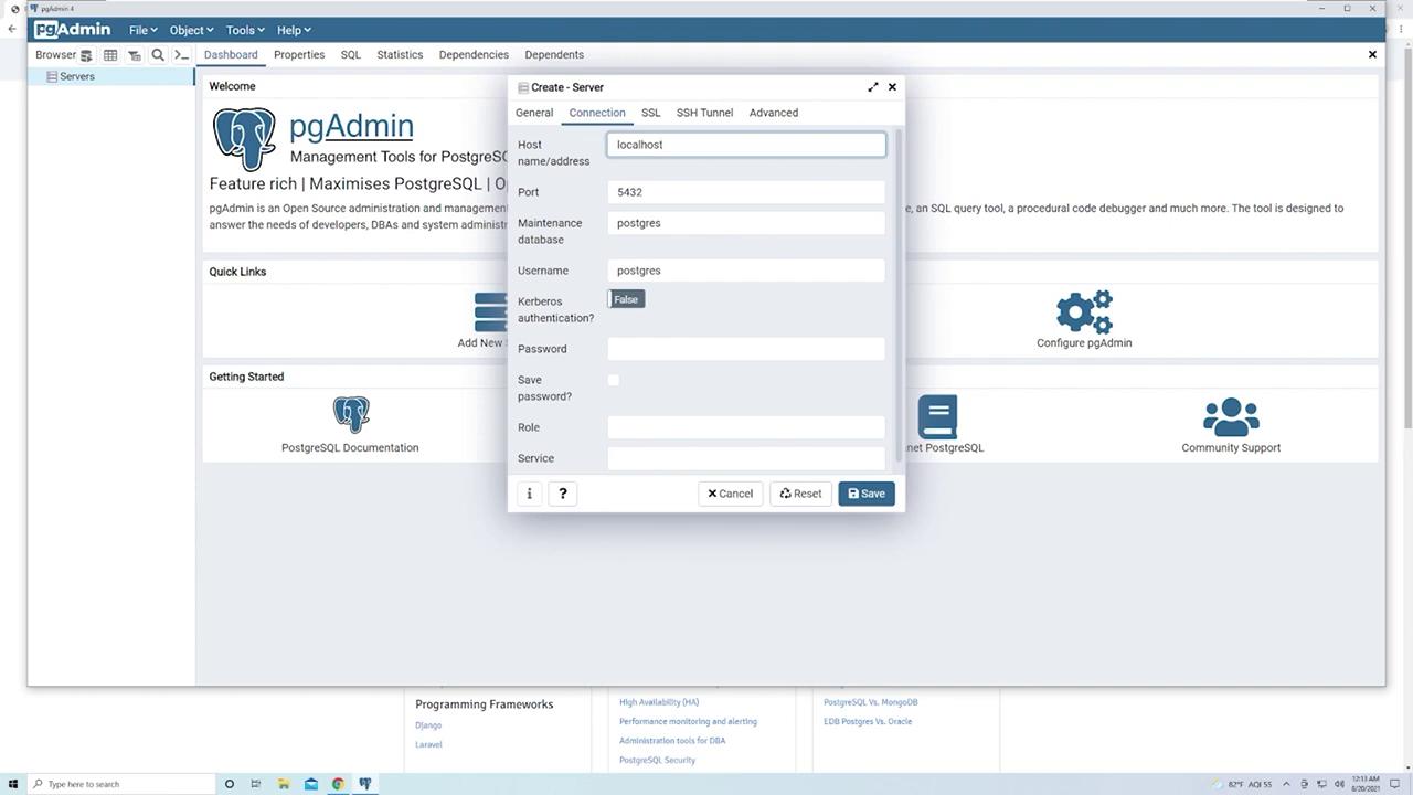 The image shows the pgAdmin interface, a management tool for PostgreSQL, with a "Create - Server" dialog box open for configuring a new server connection.