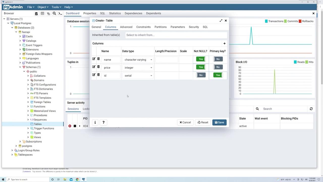 The image shows a pgAdmin interface with a "Create - Table" window open, displaying columns for a database table with fields for name, price, and id. The background includes a dashboard with server activity and database statistics.
