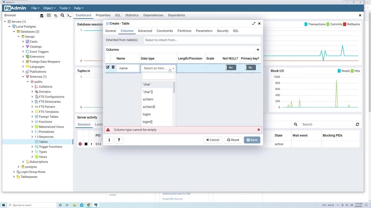 The image shows a pgAdmin interface where a table is being created with columns for "name" (character varying) and "price" (integer). The interface includes options for setting data types, constraints, and other properties.