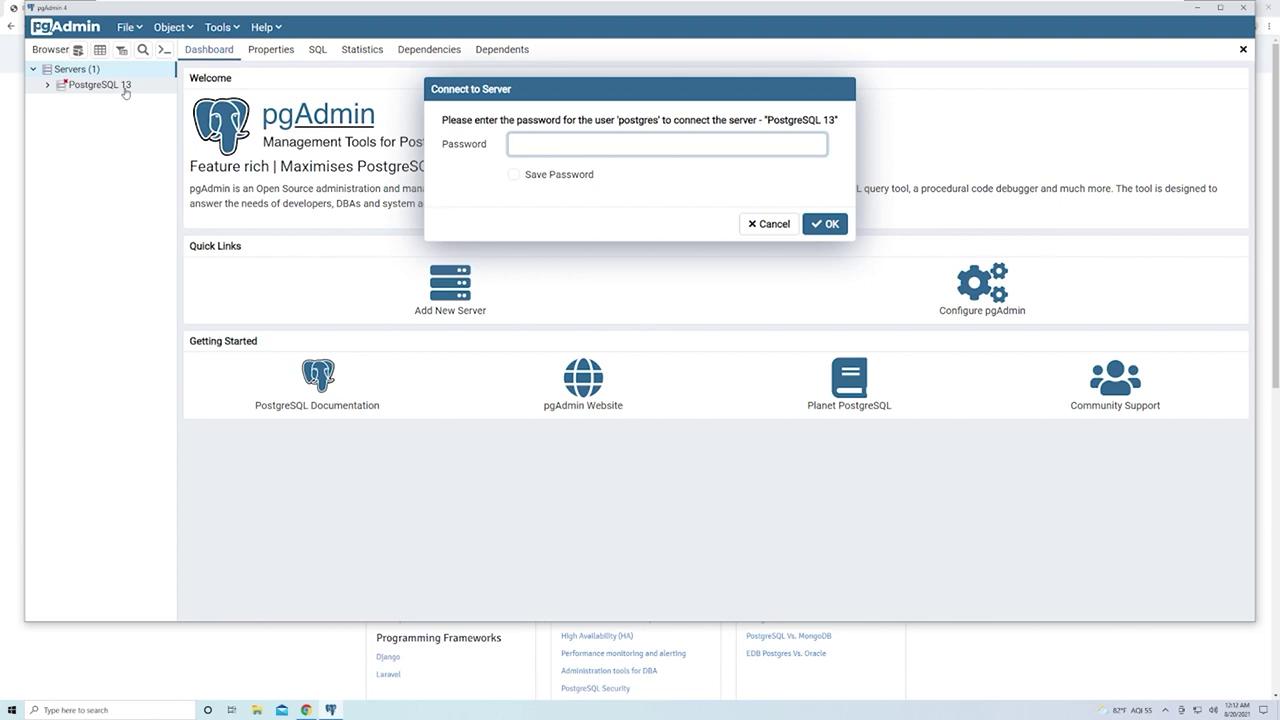 The image shows the pgAdmin interface with a pop-up window prompting for a password to connect to a PostgreSQL server. The interface includes options for managing and configuring PostgreSQL databases.