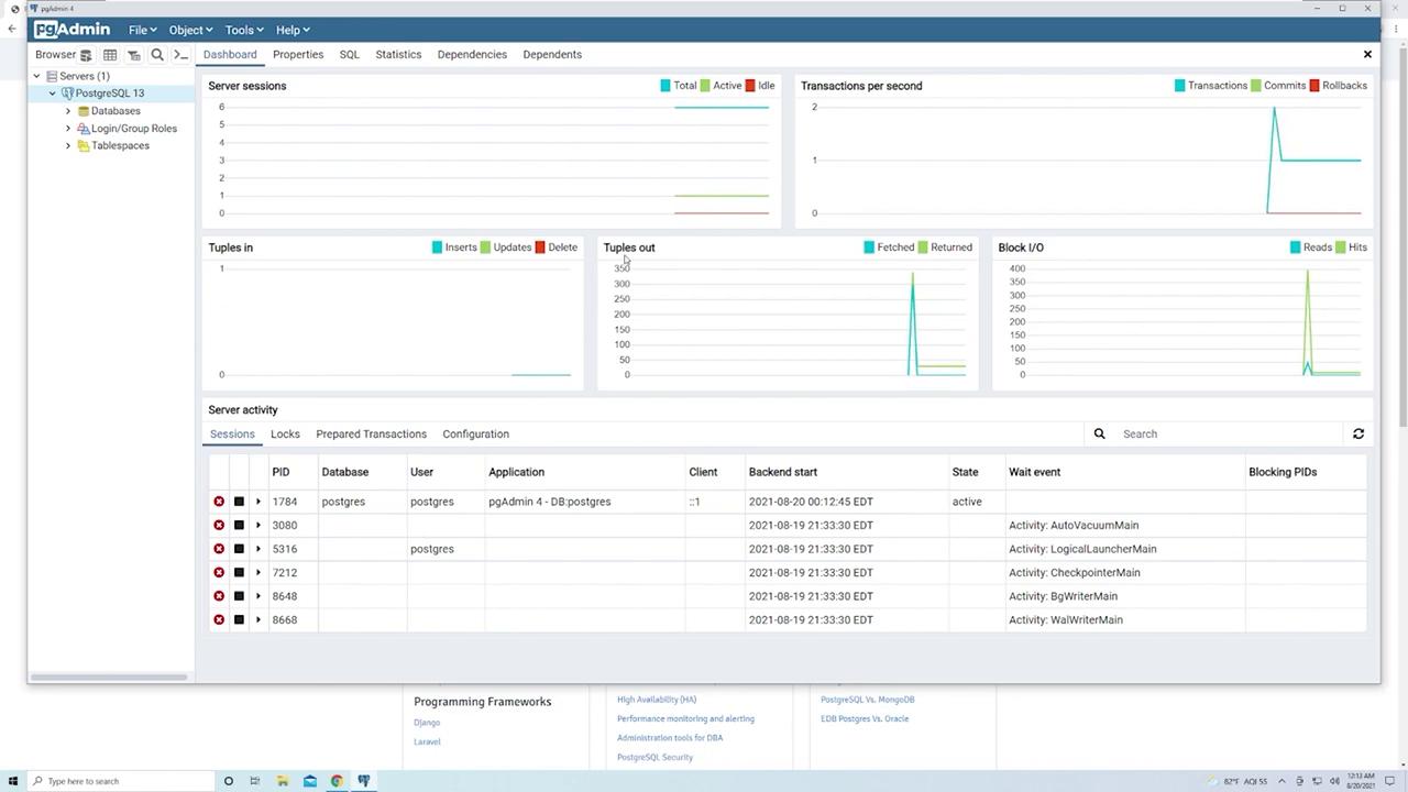 The image shows a pgAdmin dashboard displaying server sessions, transactions, tuples, and server activity for a PostgreSQL database. It includes graphs and a table with details like PID, database, user, and application state.