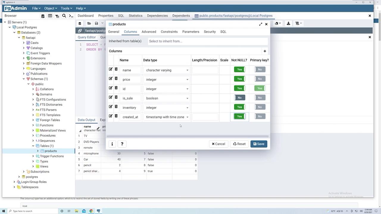 The image shows a pgAdmin interface with a database table named "products" open, displaying columns such as name, price, id, is_sale, inventory, and created_at, along with their data types and properties. The table structure and some data entries are visible in the interface.