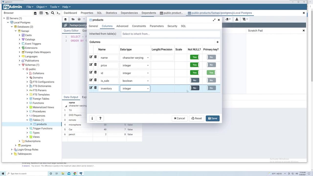 The image shows a pgAdmin interface with a database schema for a "products" table, displaying columns such as name, price, id, is_sale, and inventory, along with their data types and constraints.