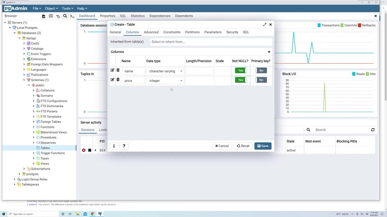 The image shows a pgAdmin interface where a table is being created with columns for "name" (character varying) and "price" (integer). The interface includes options for setting data types, constraints, and other properties.