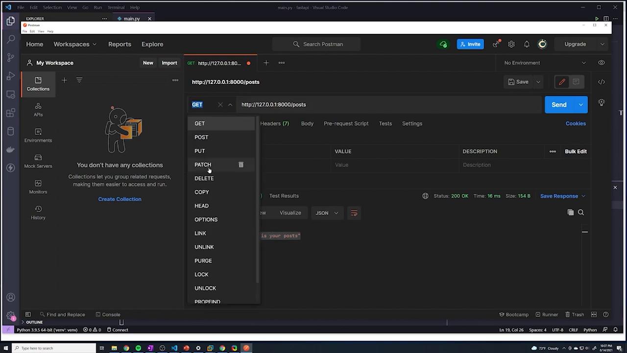 The image shows a Postman interface within Visual Studio Code, displaying an HTTP request to a local server with various HTTP methods available in a dropdown menu.