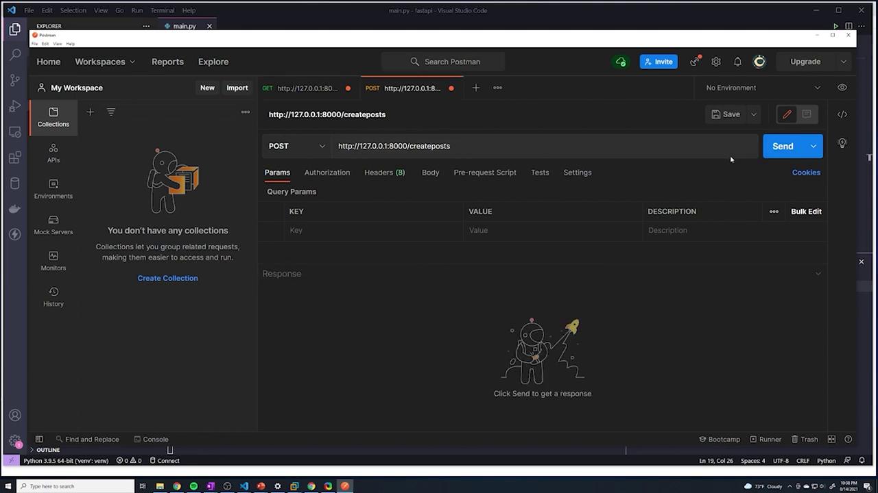 The image shows a Postman interface within Visual Studio Code, displaying a POST request setup to "http://127.0.0.1:8000/createposts" with options for parameters, authorization, headers, and body. The left sidebar includes options for collections, APIs, environments, and more.