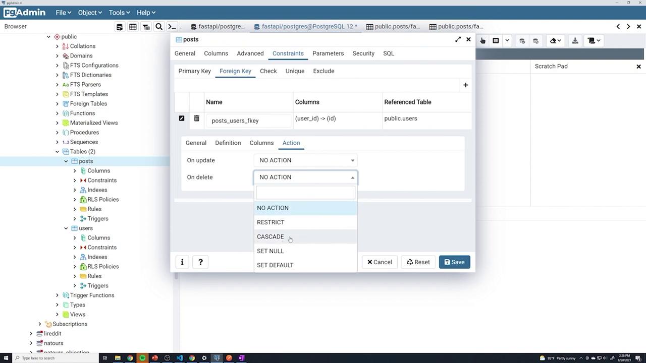 The image shows a pgAdmin interface where a foreign key constraint is being configured for a PostgreSQL database table. Options for "On update" and "On delete" actions are being selected.