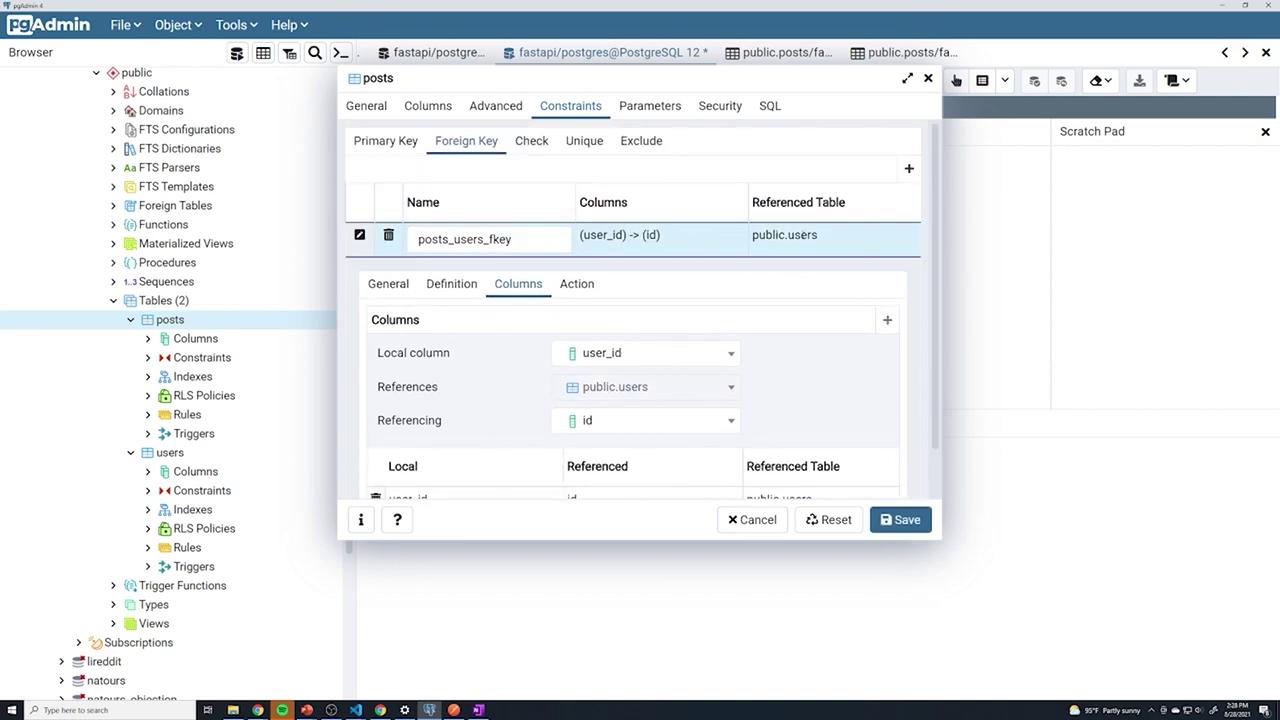 The image shows a pgAdmin interface with a database schema, focusing on setting a foreign key constraint between the "posts" and "users" tables. The "user_id" column in "posts" references the "id" column in "users".