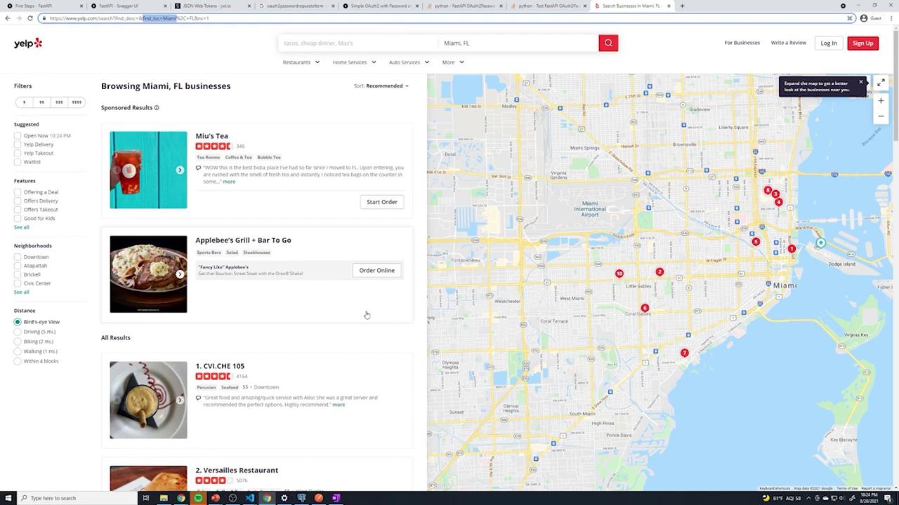 The image shows a Yelp search results page for businesses in Miami, FL, with a list of restaurants on the left and a map with location markers on the right.