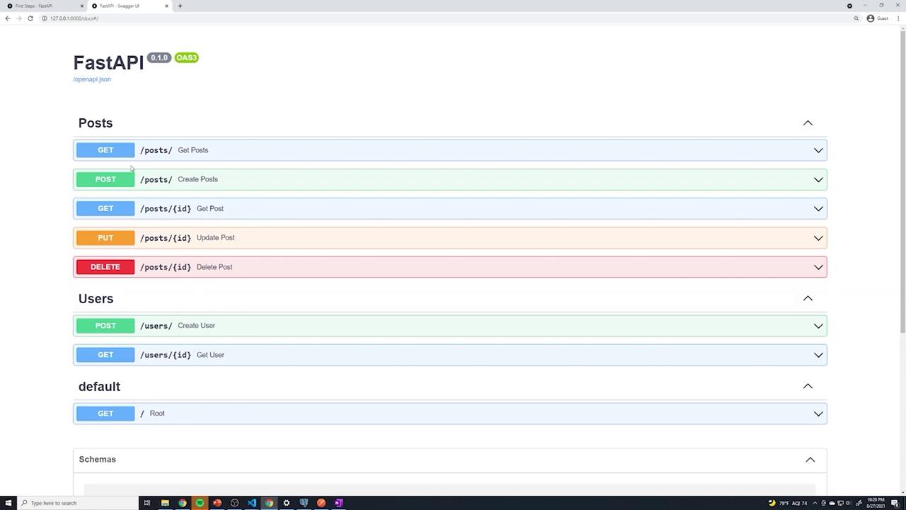 The image shows a FastAPI Swagger UI interface displaying various API endpoints for managing posts and users, including GET, POST, PUT, and DELETE methods.