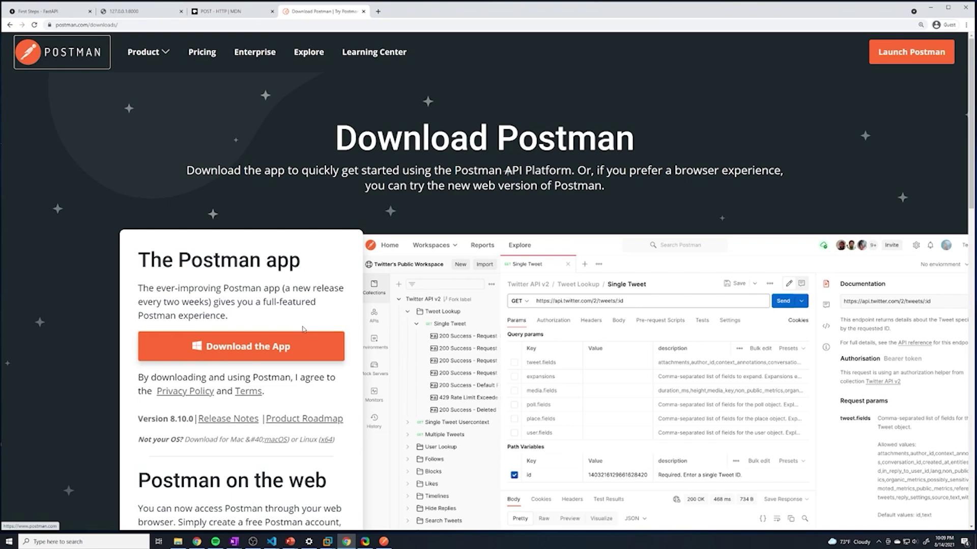 The image shows a webpage for downloading the Postman app, with a section displaying the Postman interface for API testing.