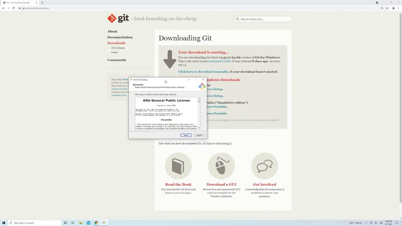 The image shows a webpage for downloading Git, with a pop-up window displaying the GNU General Public License agreement.