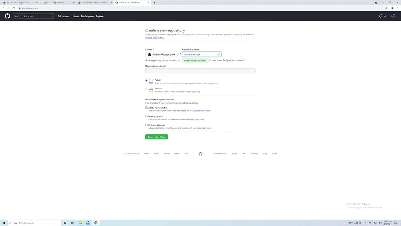 The image shows a GitHub page for creating a new repository, with options to set the repository name, visibility, and initialization preferences. The page includes fields for adding a description, a README file, a .gitignore file, and a license.