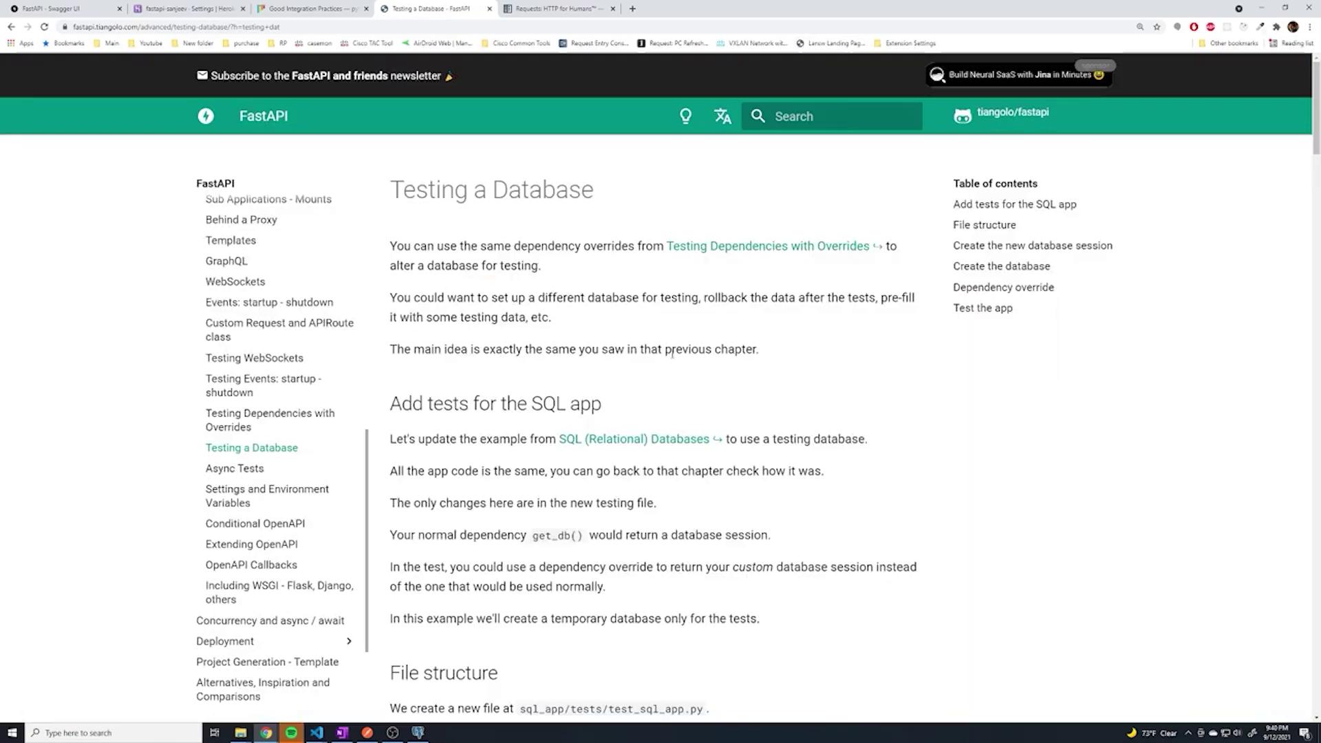 The image shows a webpage from the FastAPI documentation, specifically a section on testing a database. It includes a table of contents and instructions for adding tests for an SQL app.