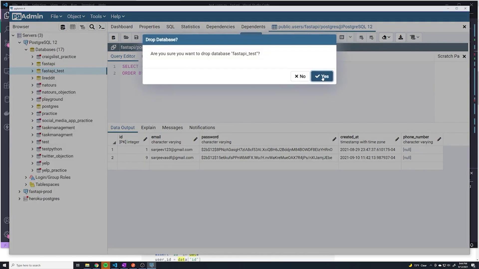 The image shows a pgAdmin interface with a confirmation dialog asking if the user wants to drop the database "fastapi_test." The background displays a list of databases and a data output table.