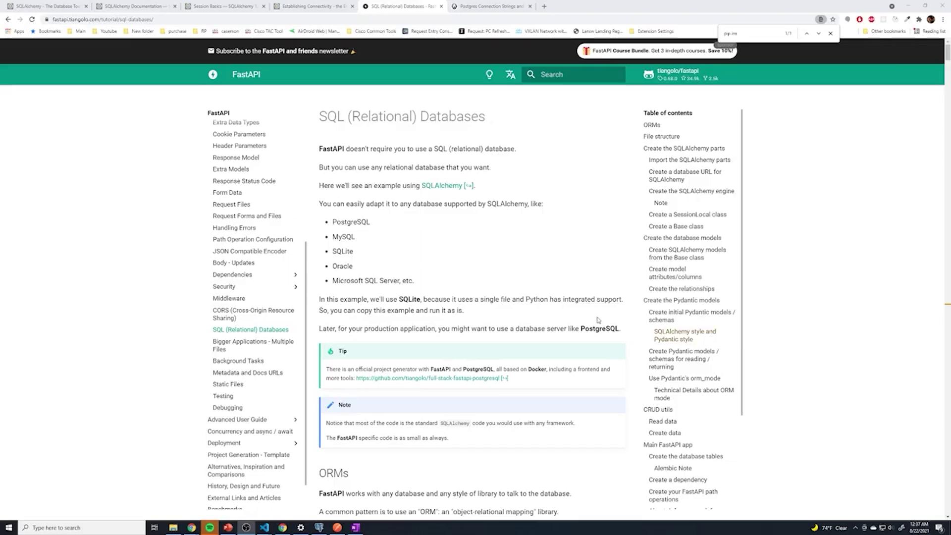 The image shows a webpage from the FastAPI documentation, specifically focusing on SQL (Relational) Databases and how to use them with SQLAlchemy. It includes a list of supported databases and a table of contents on the right.