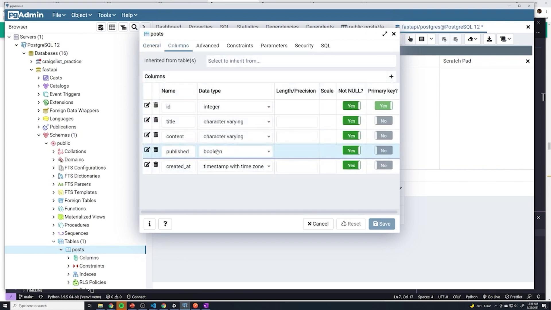 The image shows a pgAdmin interface displaying the structure of a PostgreSQL database table named "posts," with columns such as "id," "title," "content," "published," and "created_at." The data types and constraints for each column are also visible.