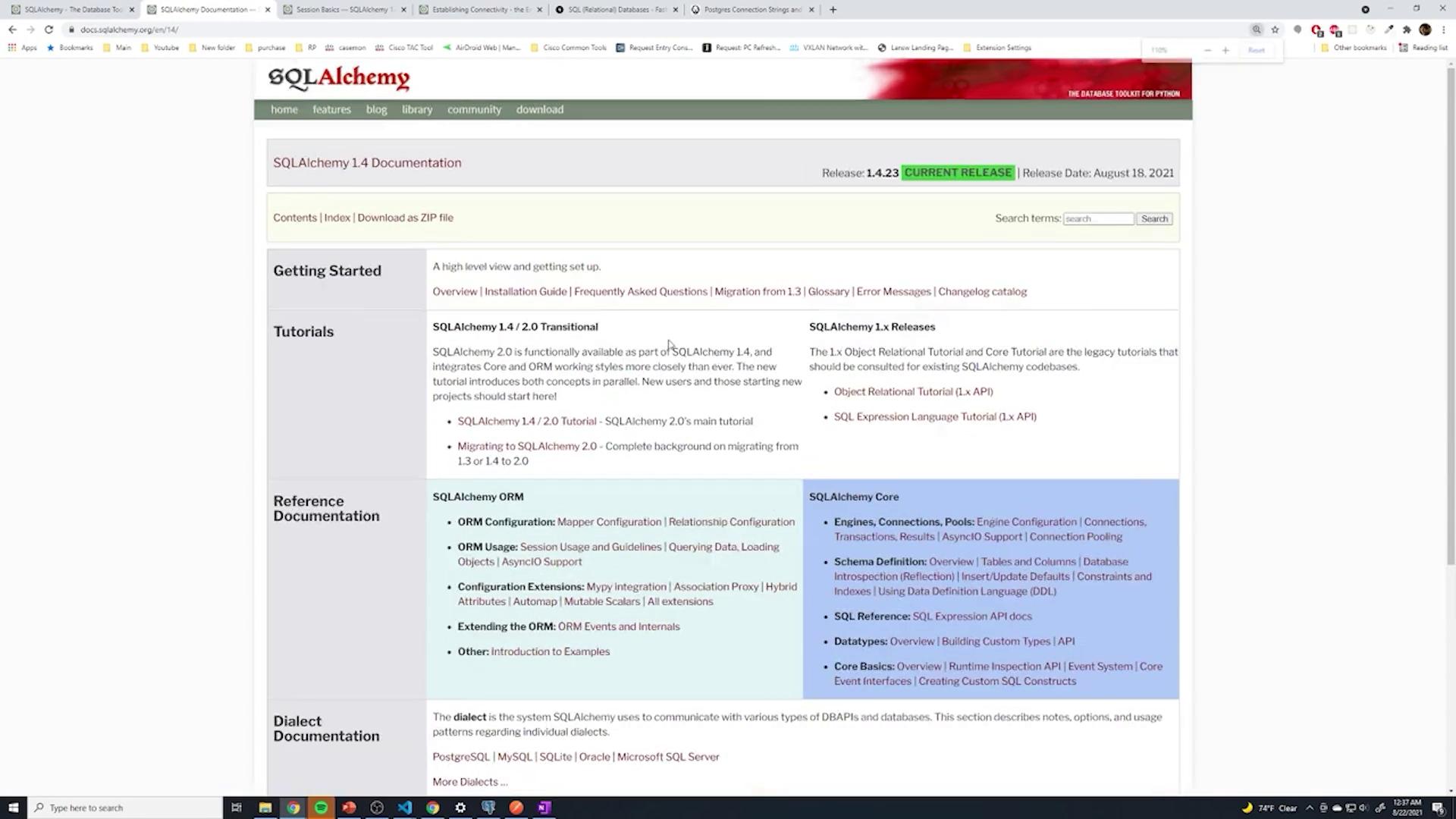 The image shows the SQLAlchemy 1.4 documentation webpage, featuring sections on getting started, tutorials, and reference documentation for SQLAlchemy ORM and Core.