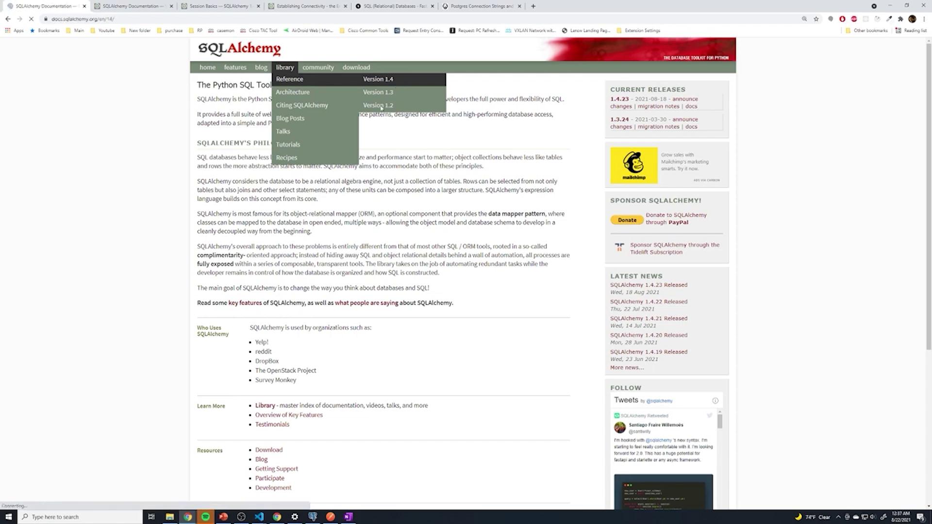 The image shows a webpage from the SQLAlchemy documentation, featuring navigation menus and information about the Python SQL toolkit.