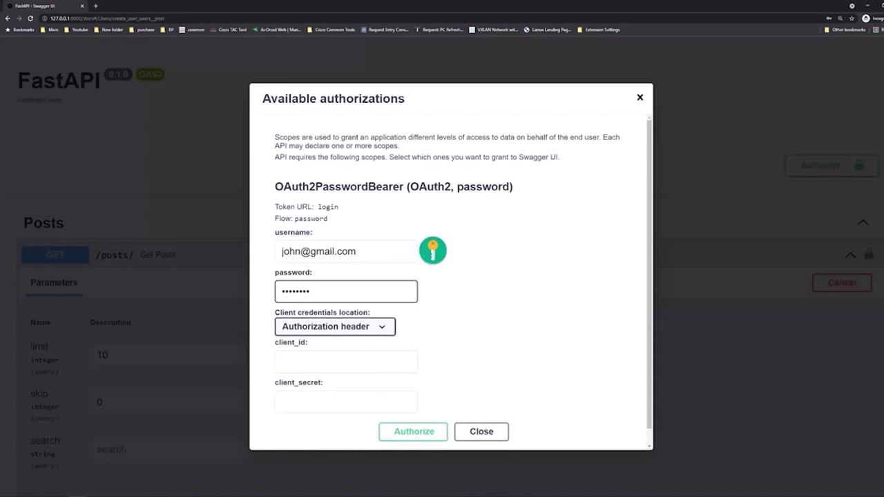 The image shows a FastAPI Swagger UI authorization window for OAuth2PasswordBearer, where a user can input their username, password, and client credentials.