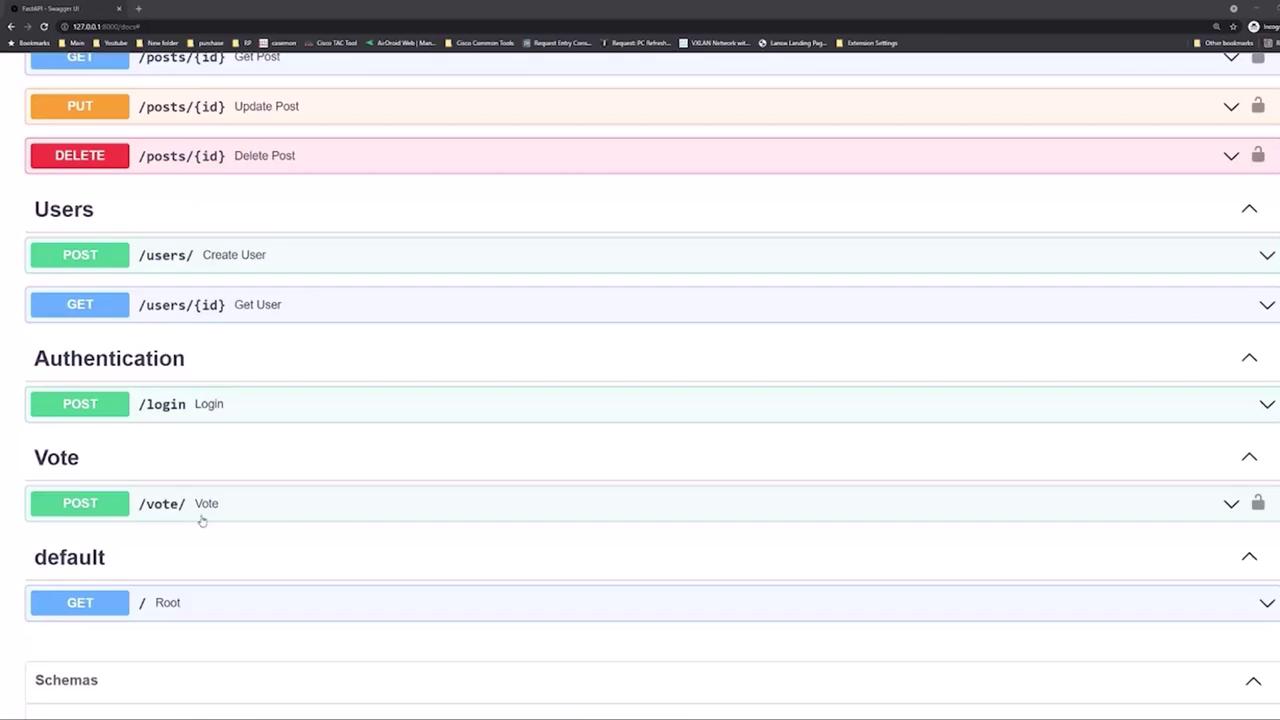 The image shows a Swagger UI interface for a FastAPI application, displaying various API endpoints for posts, users, authentication, and voting. Each endpoint is categorized by HTTP methods like GET, POST, PUT, and DELETE.