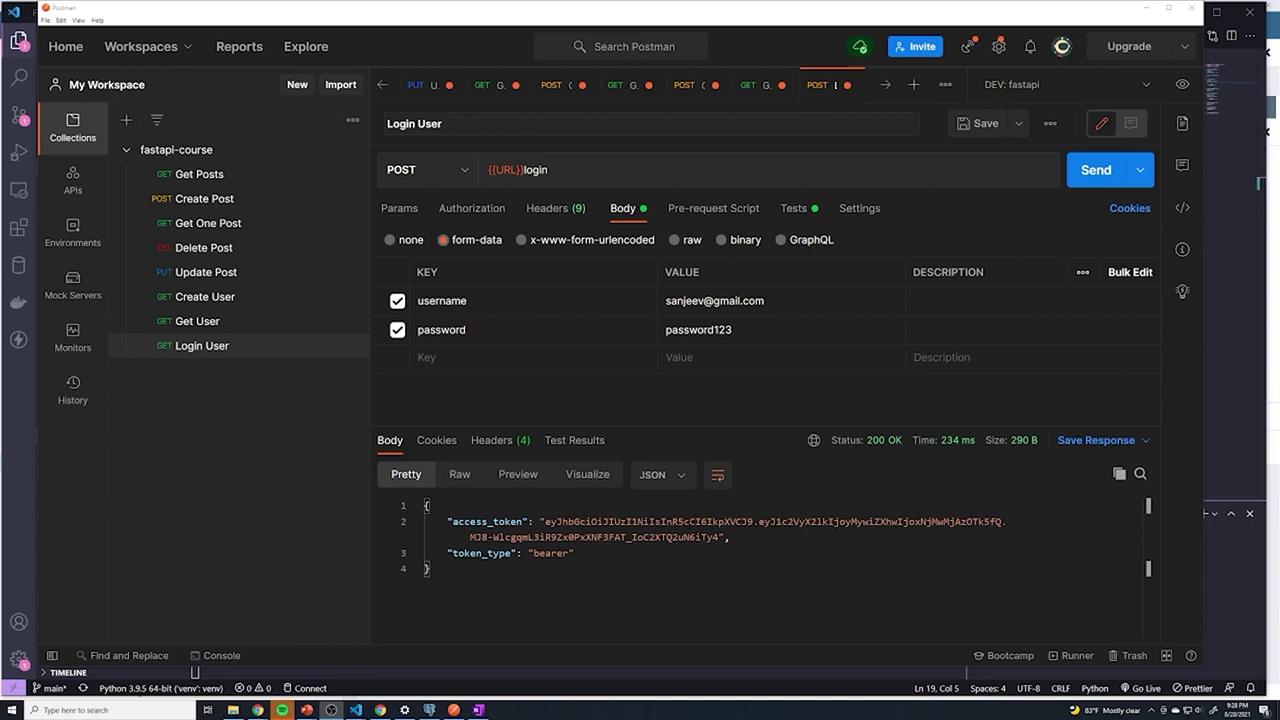 The image shows the Postman application interface with a request to log in a user using a POST method. It includes form data with a username and password, and the response displays an access token and token type.