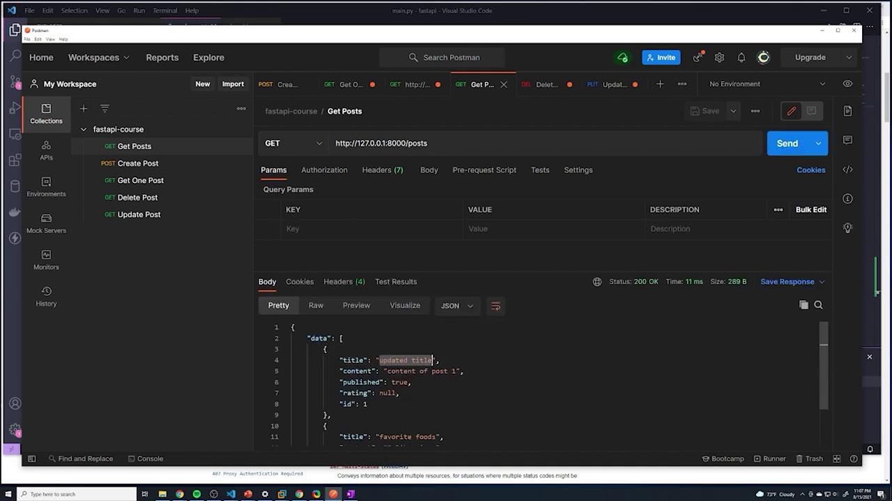 The image shows the Postman application interface with a GET request to retrieve posts from a local server. The response is displayed in JSON format, showing data for multiple posts.