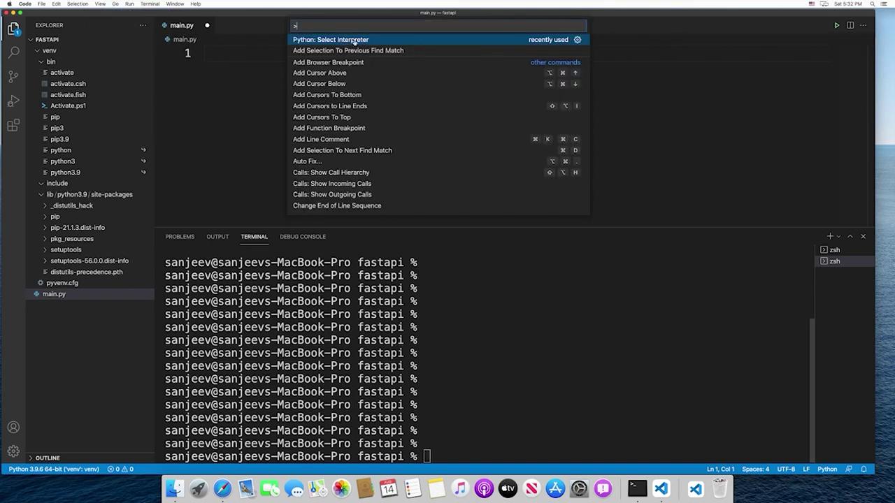 The image shows a Visual Studio Code interface with a Python project open, displaying a file explorer, a command palette, and a terminal window. The terminal shows a command prompt on a MacBook Pro, and the desktop dock is visible at the bottom.