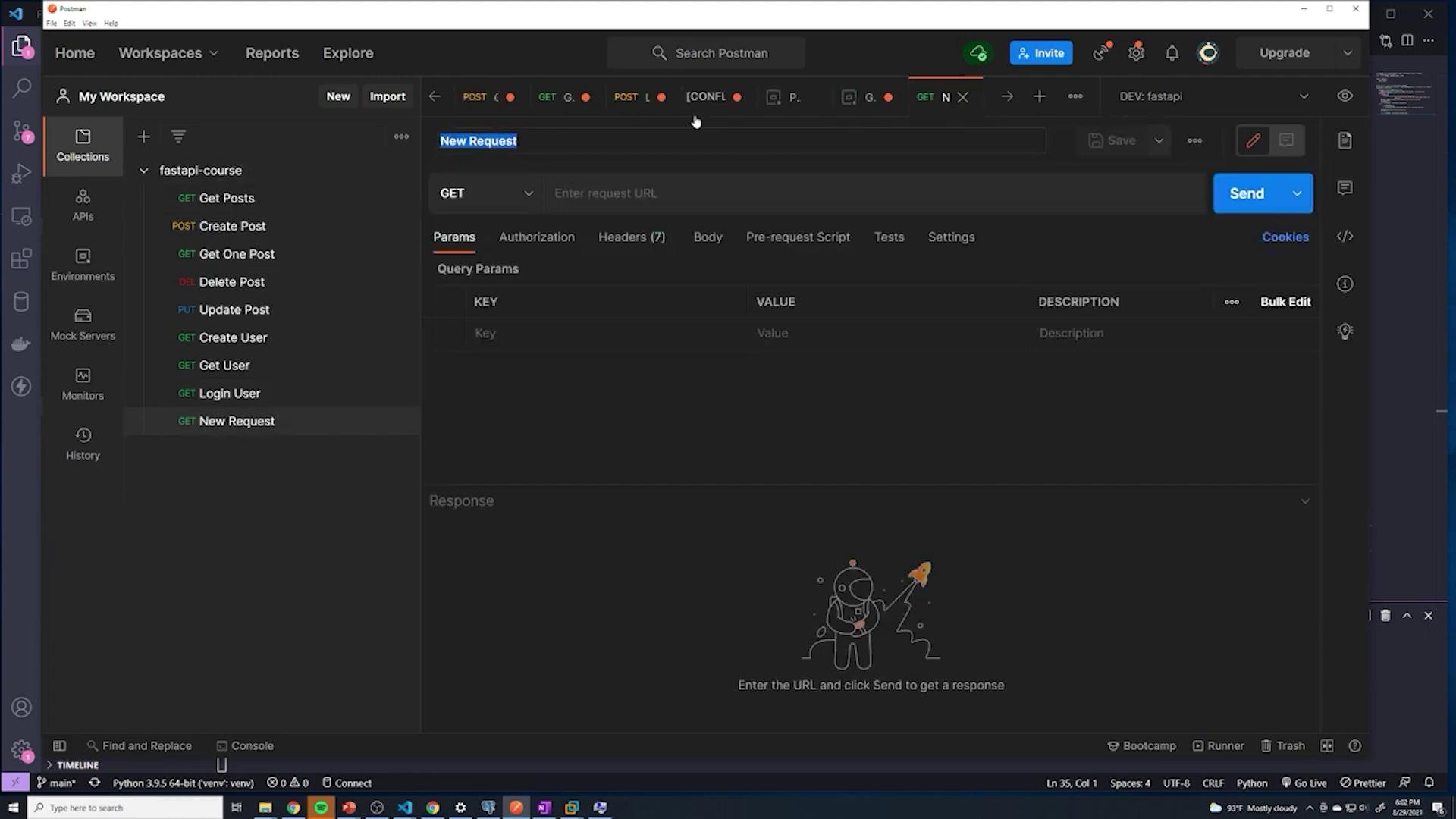 The image shows the Postman application interface with a workspace open, displaying various API request options like GET, POST, and DELETE on the left sidebar. The main area is set up for creating a new GET request, with sections for parameters, headers, and other settings.