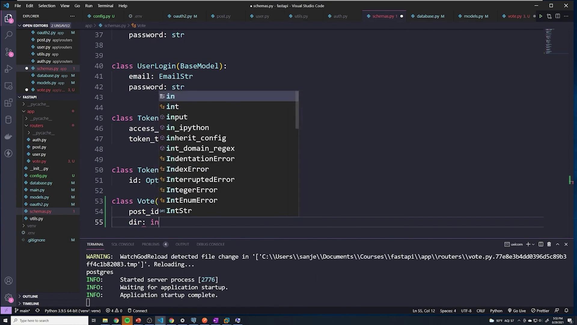 The image shows a Visual Studio Code interface with Python code, including class definitions and a terminal displaying server startup information.