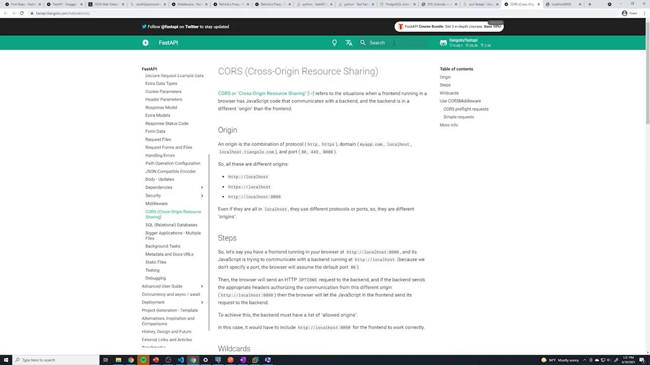 The image shows a webpage from the FastAPI documentation discussing CORS (Cross-Origin Resource Sharing), including sections on origin, steps, and related topics.
