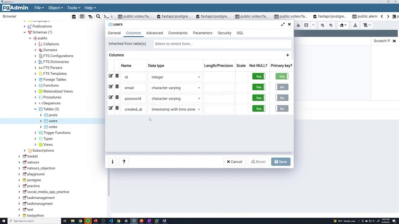 The image shows a pgAdmin interface with a table structure for "users," displaying columns for id, email, password, and created_at, along with their data types and constraints. The left panel shows a database schema with various tables and functions.