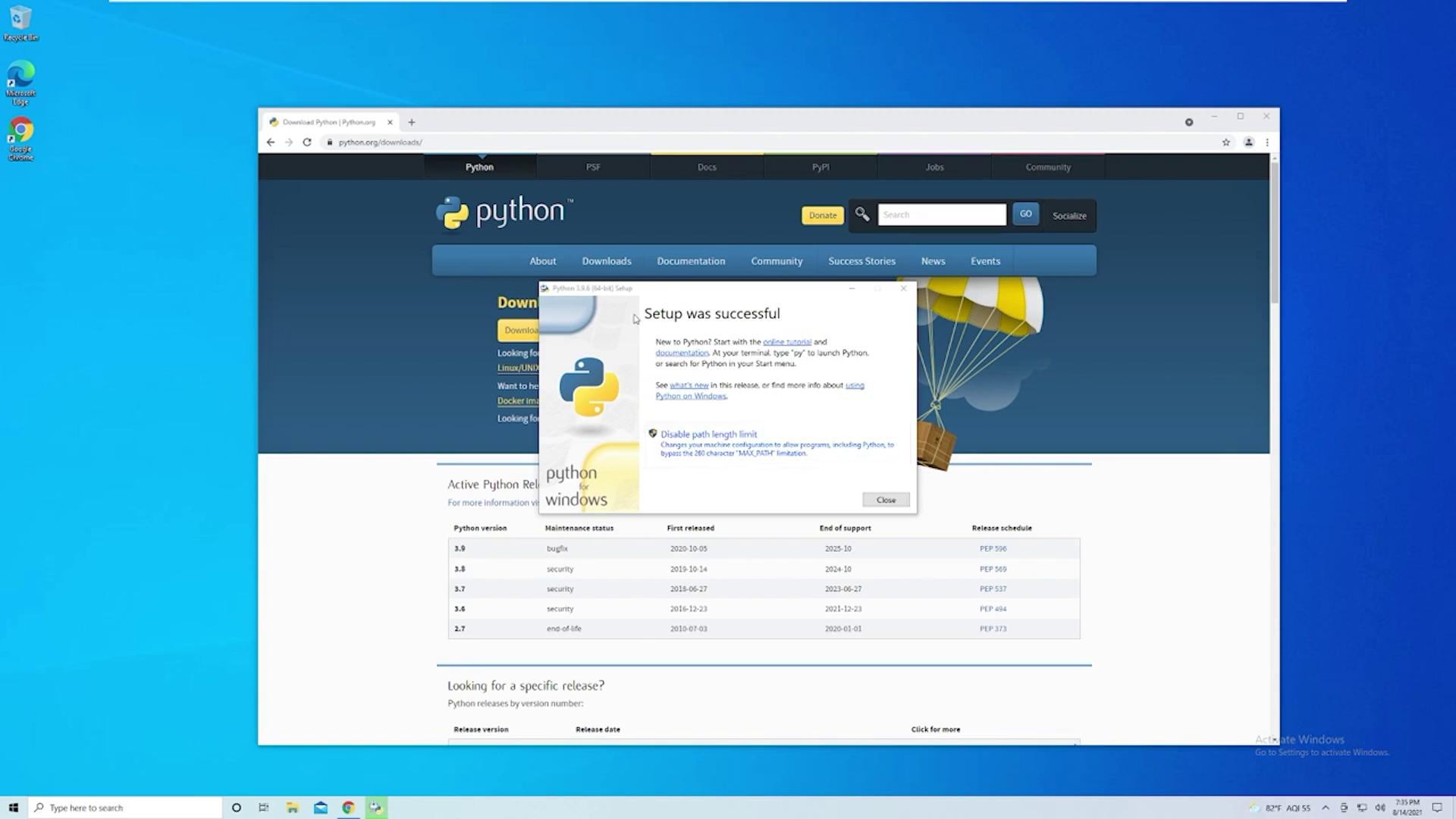 The image shows a Windows desktop with a web browser open to the Python download page, and a pop-up indicating that the Python setup was successful.