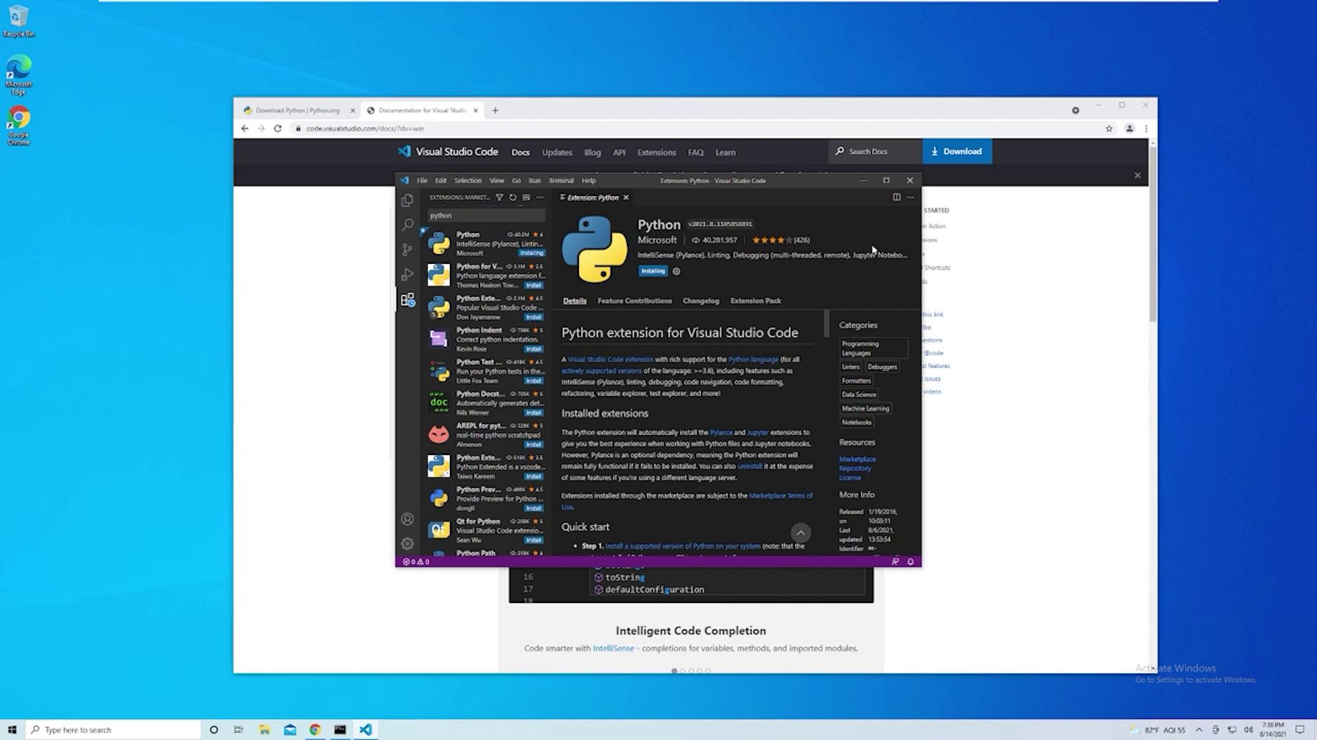 The image shows a Windows desktop with Visual Studio Code open, displaying the Python extension installation page. In the background, a web browser is open to the Python download page.