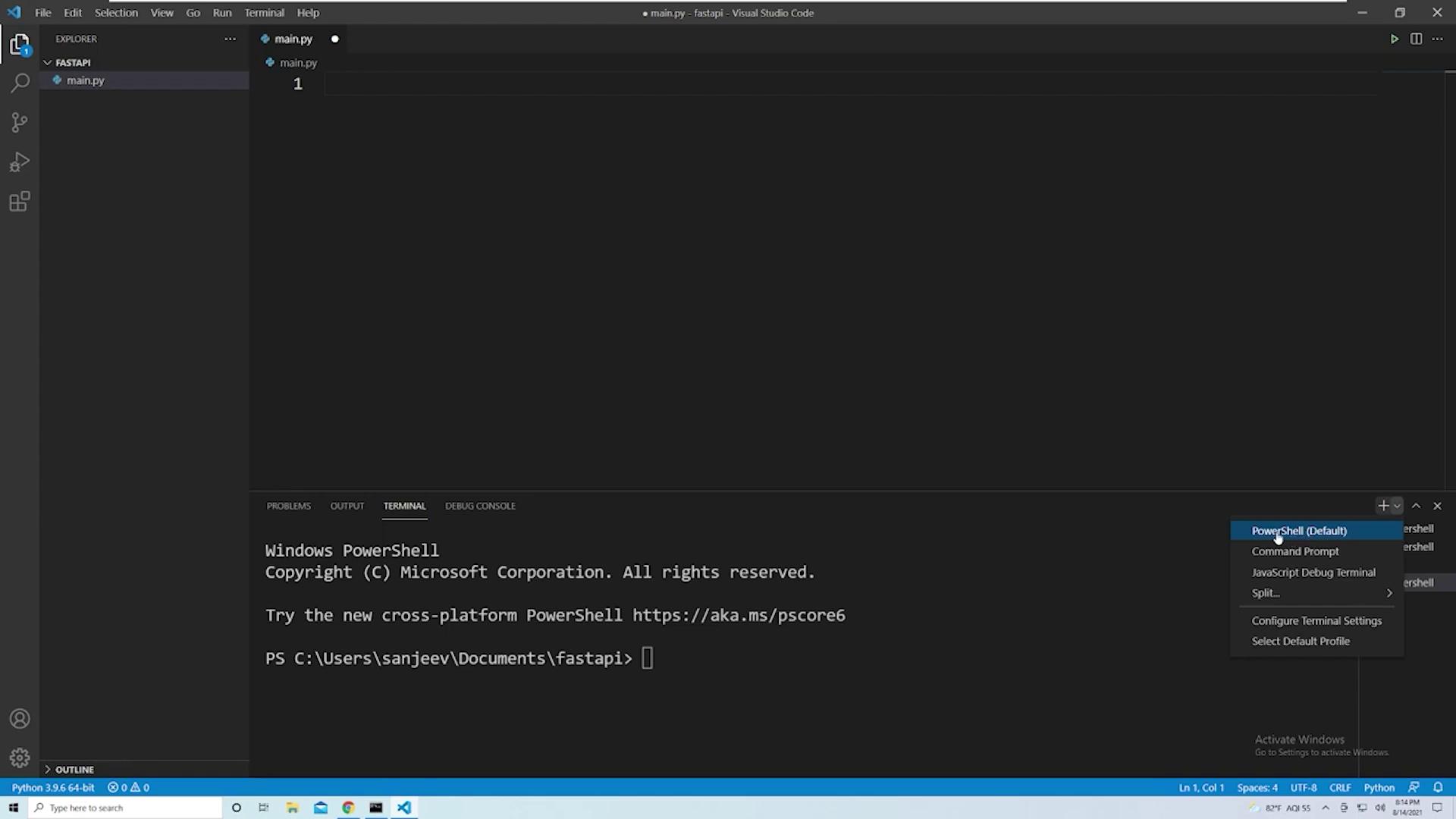 The image shows a Visual Studio Code interface with a Python file named "main.py" open and an integrated terminal running PowerShell. The terminal displays the directory path and a prompt.