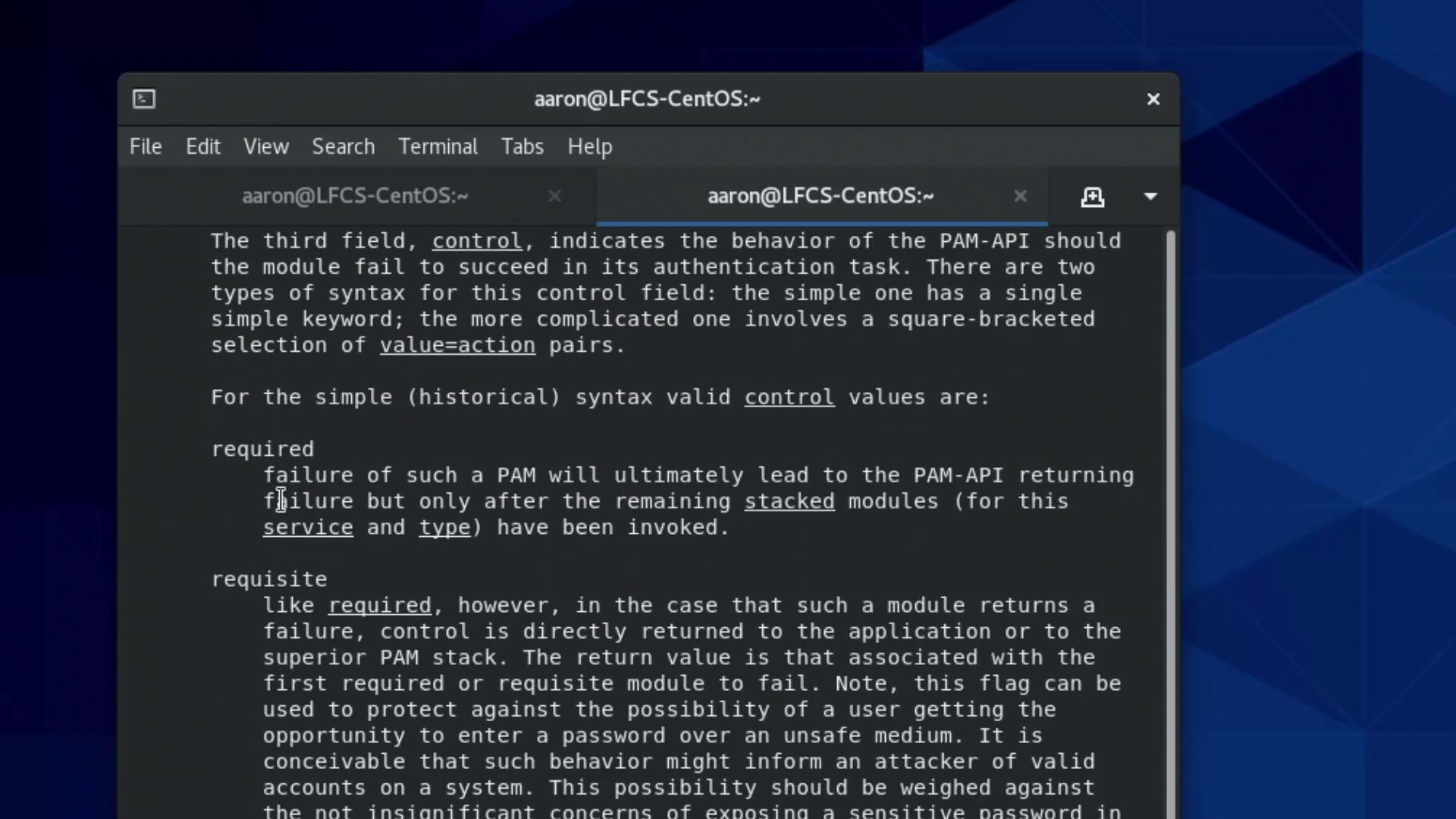 The image shows a terminal window on a CentOS system displaying text about the PAM-API control field and its syntax. It explains the behavior of the PAM-API in authentication tasks, detailing control values like "required" and "requisite."