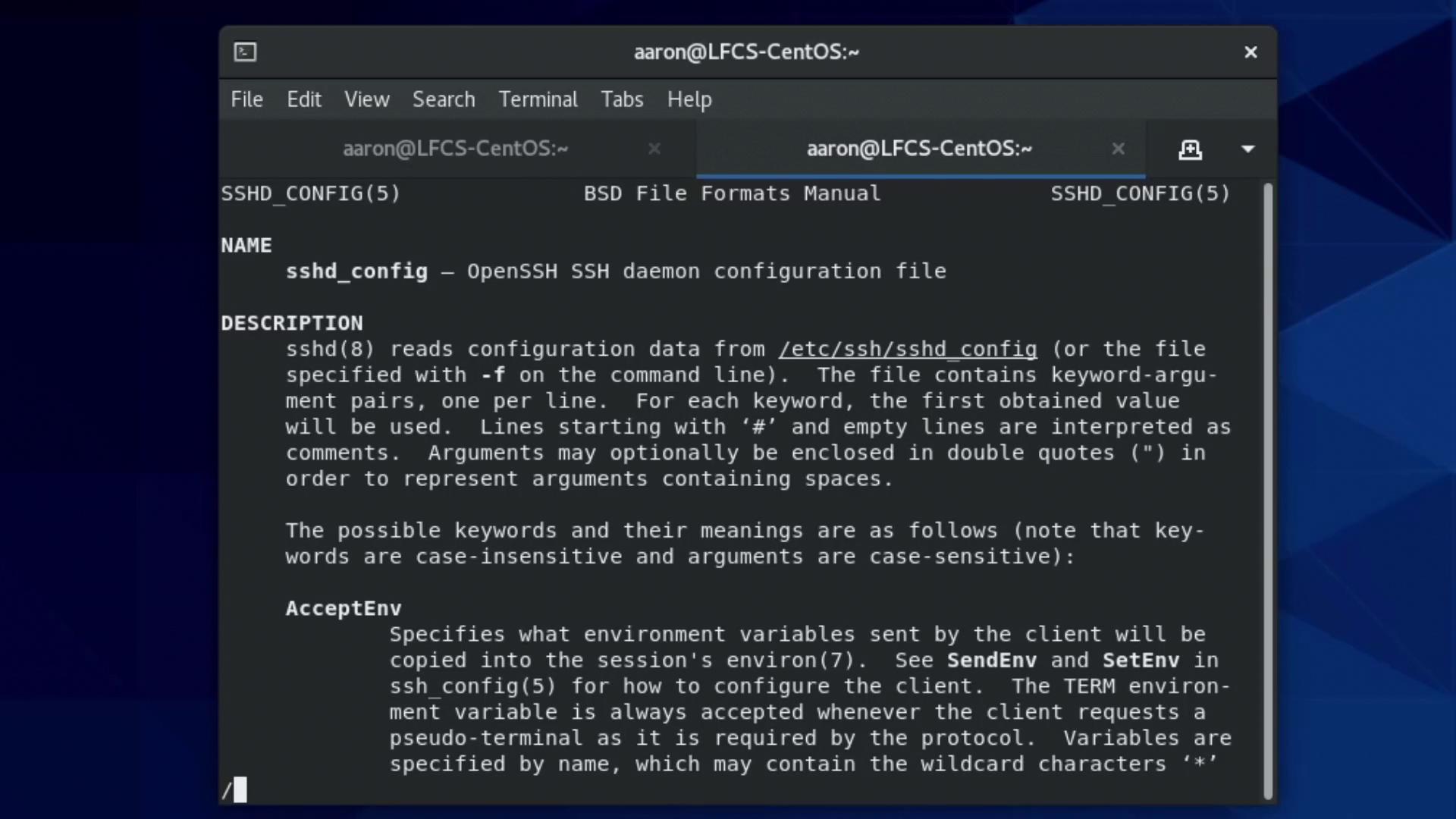 The image shows a terminal window displaying the manual page for the `sshd_config` file, which is the configuration file for the OpenSSH SSH daemon. It includes a description of how the file is used and details about specific configuration options.