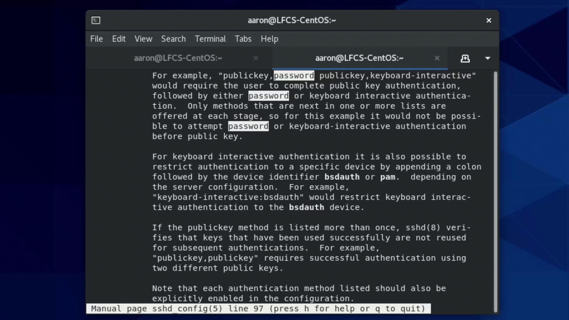 The image shows a terminal window displaying a manual page for SSHD configuration, focusing on authentication methods like public key and password.
