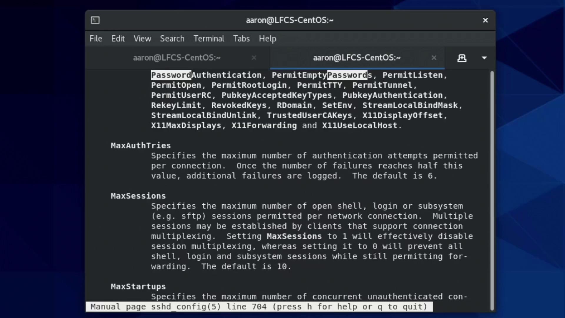 The image shows a terminal window displaying a manual page for SSHD configuration settings, including options like `PasswordAuthentication` and `MaxAuthTries`.