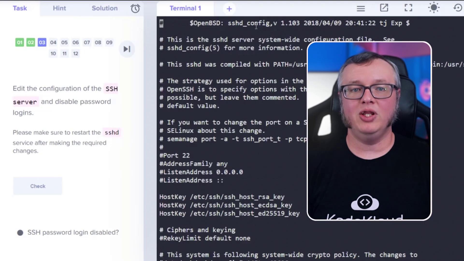 The image shows a split screen with a terminal displaying SSH configuration text on the right and a person speaking in a video call or tutorial on the left.