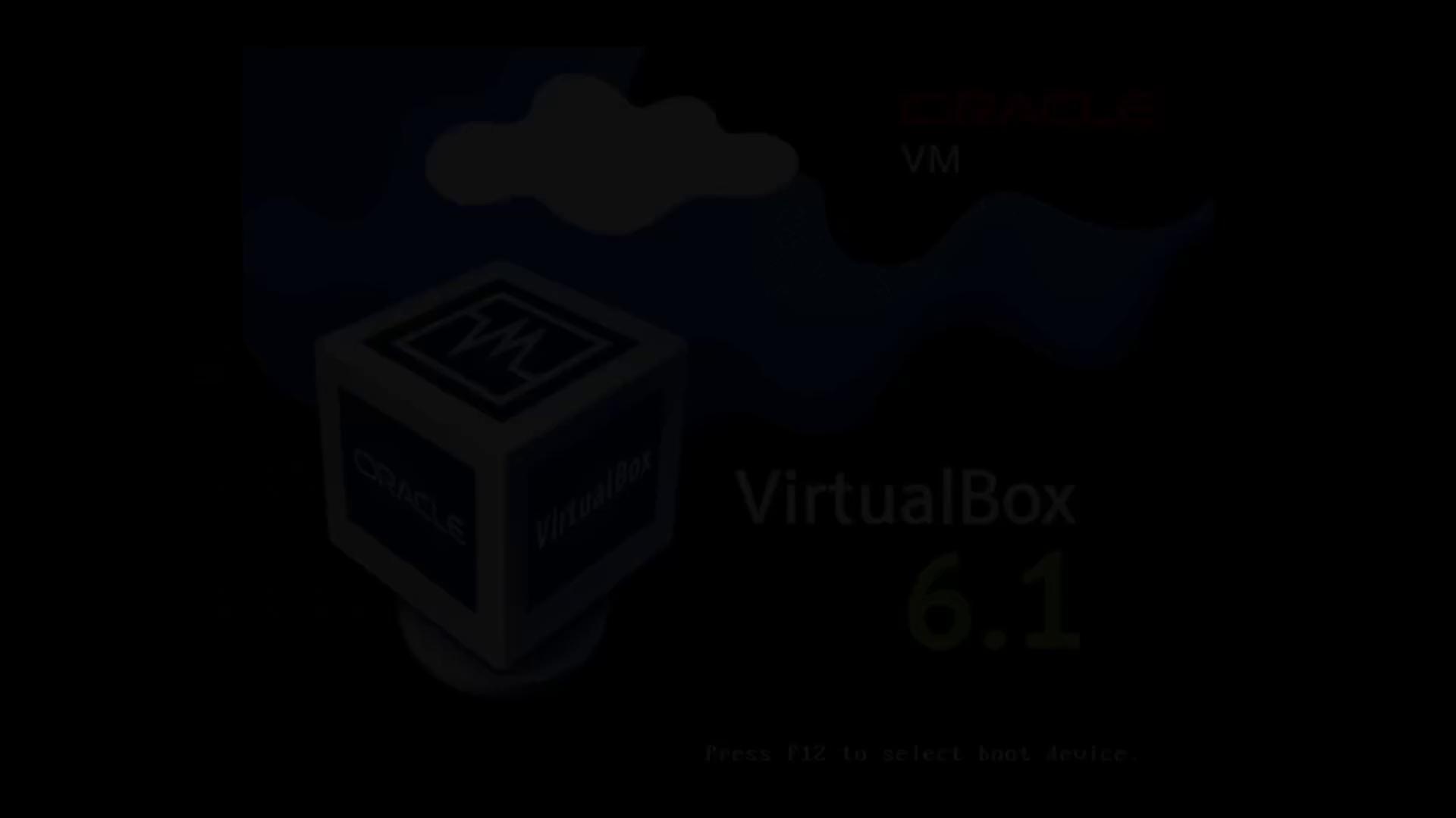 The image shows a VirtualBox 6.1 boot screen with an Oracle logo and a cube graphic.