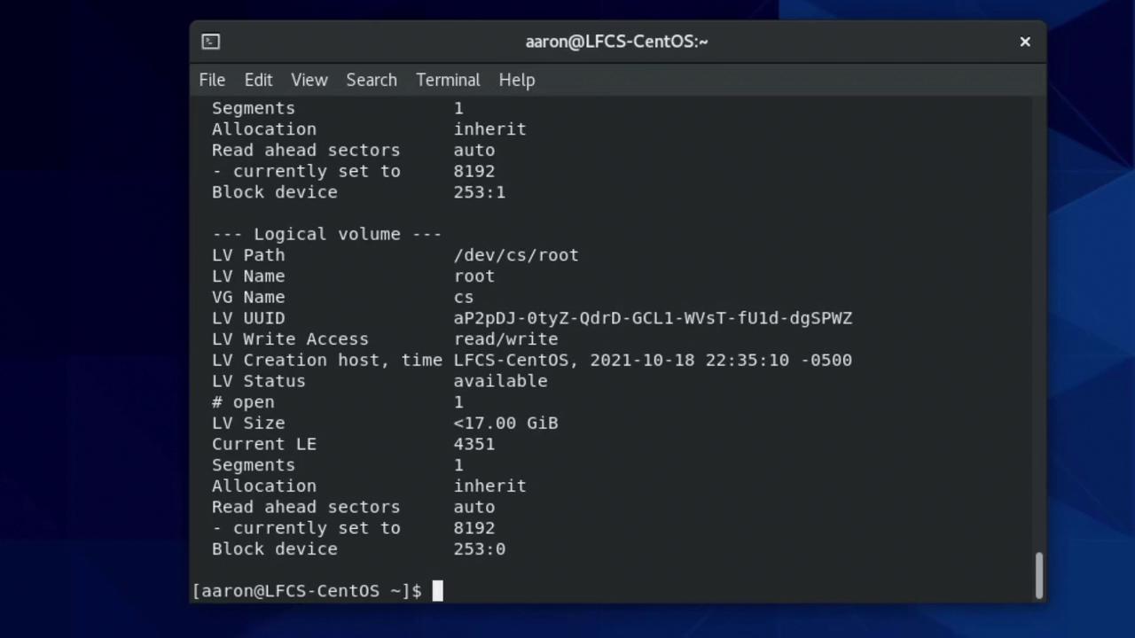 The image shows a terminal window displaying information about a logical volume in a CentOS system, including details like path, name, size, and status.